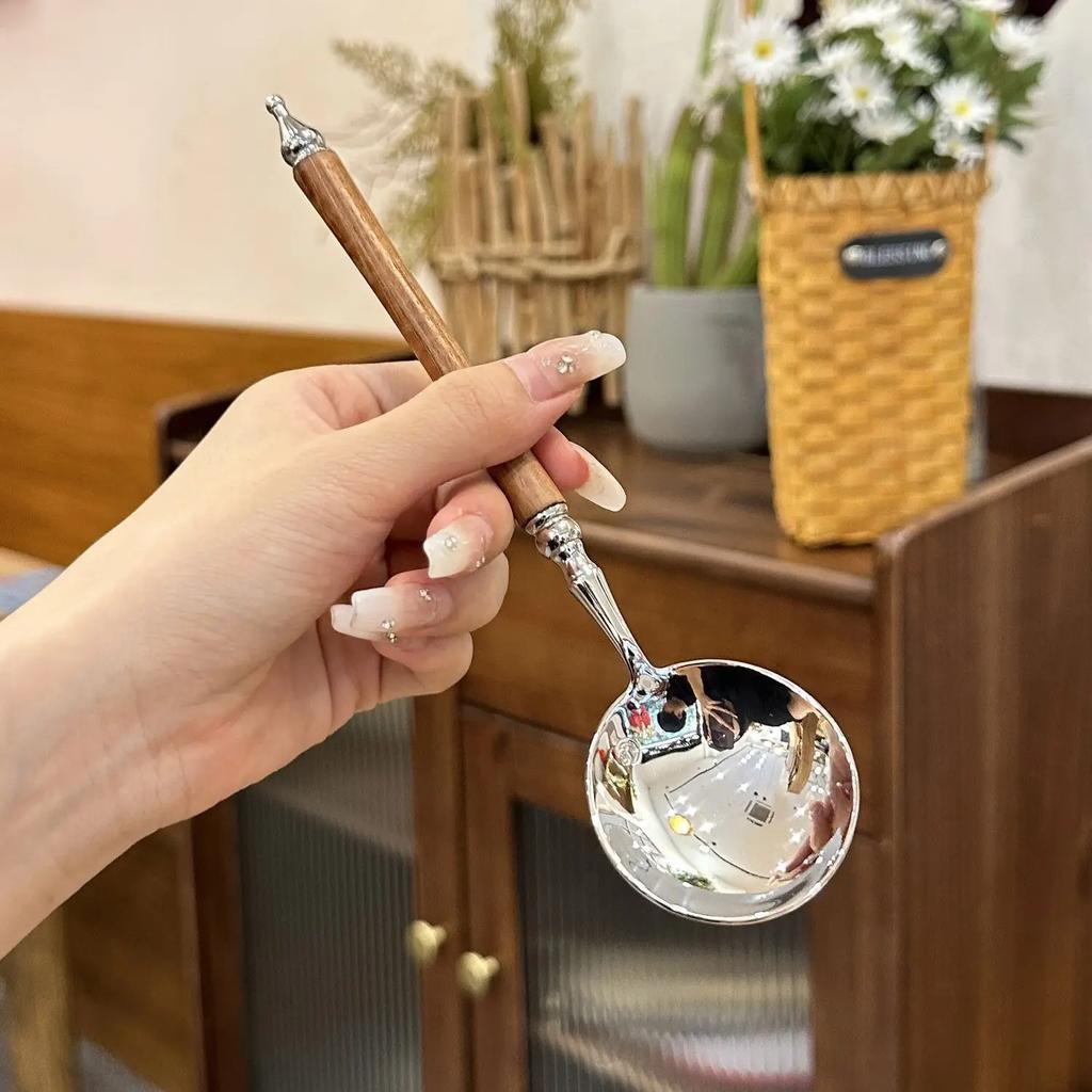 20cm Pear Wood Handle Stainless Steel Long Round Head Spoon for Rice Soup Dessert Tableware Kitchen Dining Tool