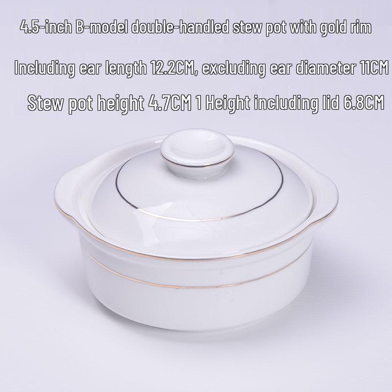 Gold-Trimmed Ceramic Water-Bath Stew Pot with Lid - Includes Egg Steaming and Bird's Nest Bowls, Round Soup Cooker for Home or Hotel Use.