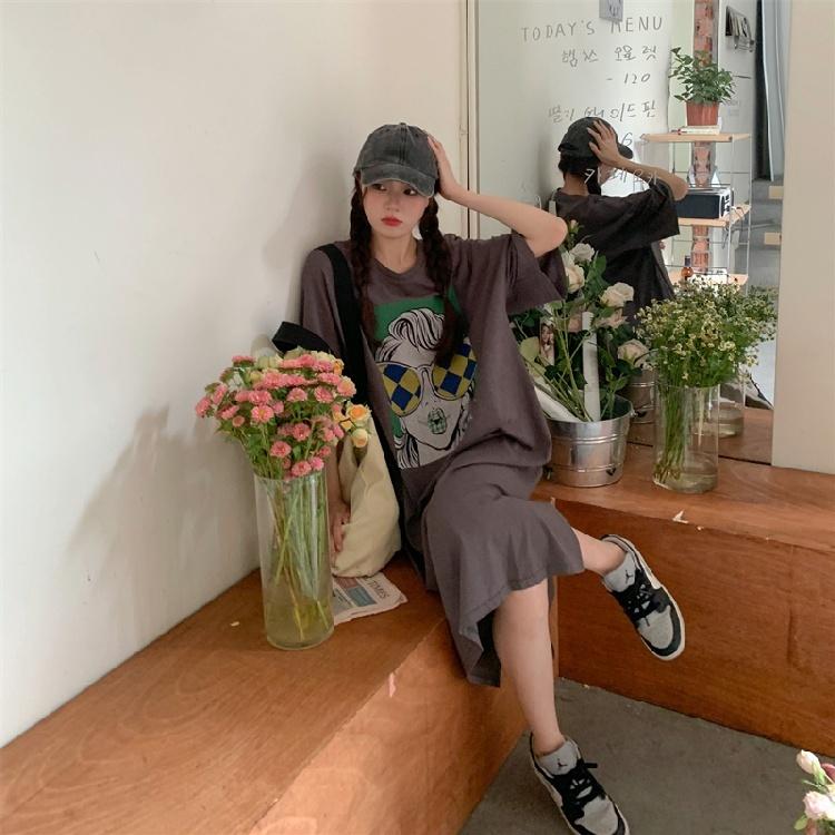 Rochie tricou de damă cu mânecă scurtă și gât rotund, mărime mare, cu croială lejeră, rochie lungă în stil relaxat, rochie de dormit până la genunchi