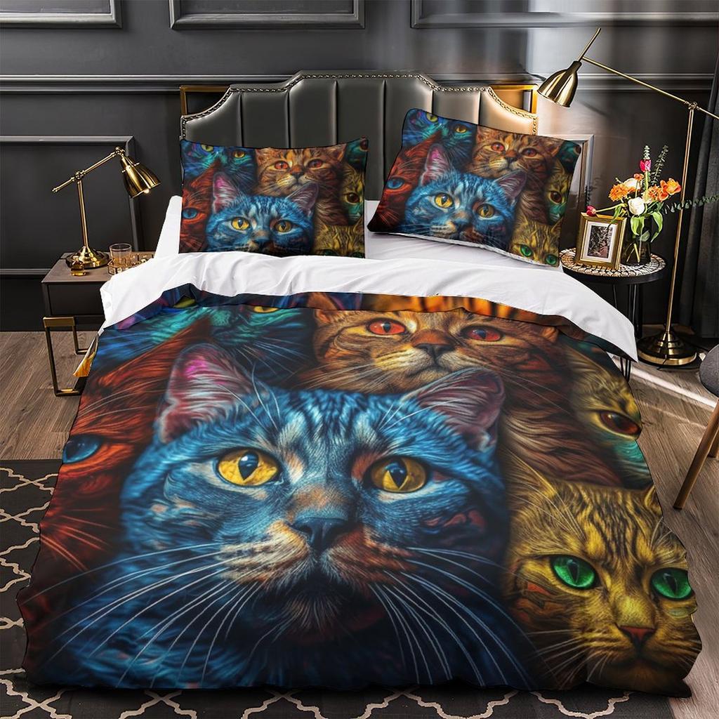 3D Digital Printing Color Cat Series Quilt Cover Pillowcase Two Or Three-Piece Set Polyester Abraded