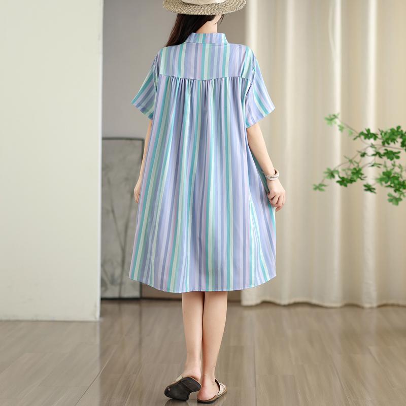 DIMANAF Summer Women 2025 Basic Plus Size Shirt Dress Casual Short Sleeve Buttons Dress Loose Stripe Dress
