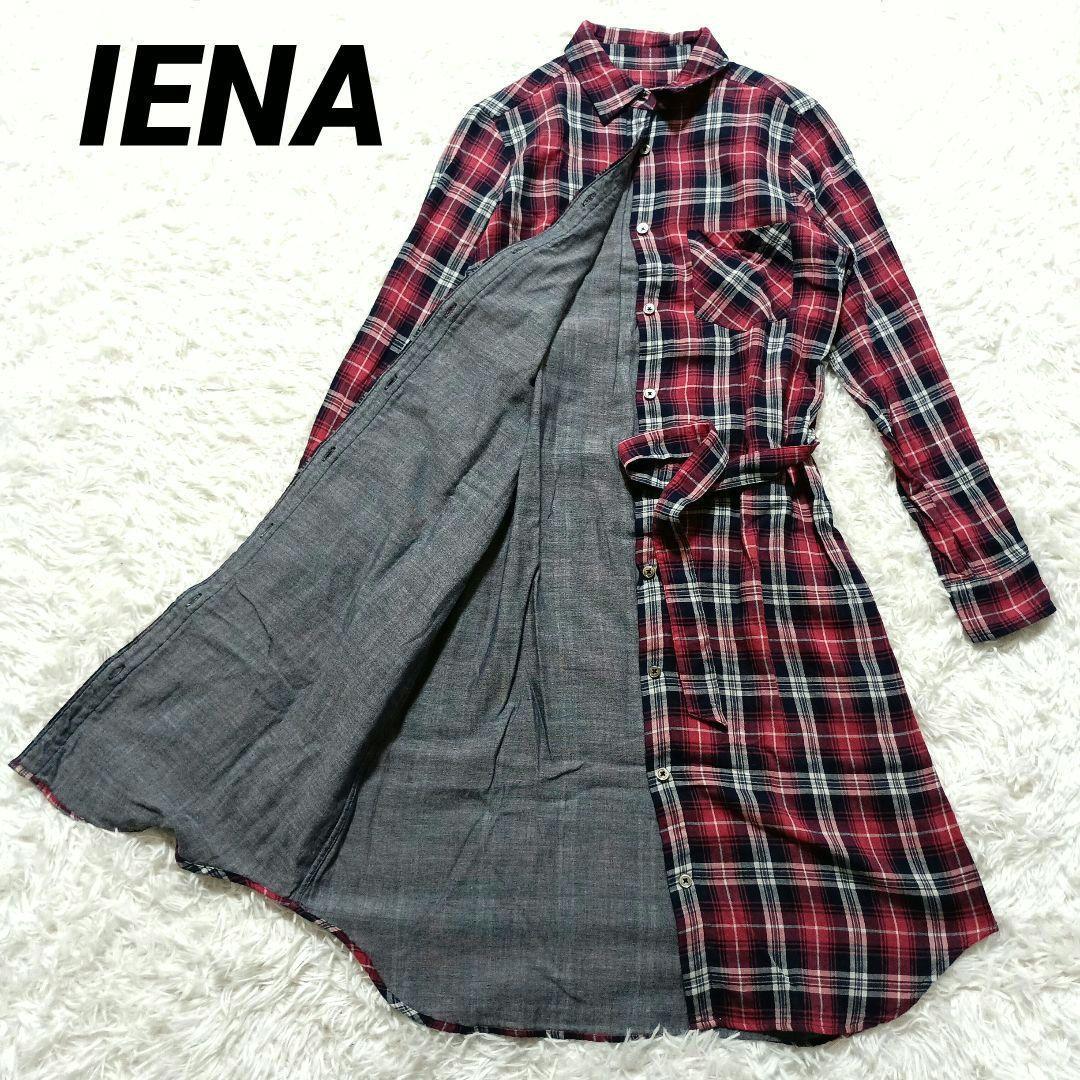 IENA Shirt dress long sleeve long shirt plaid pattern with belt cotton