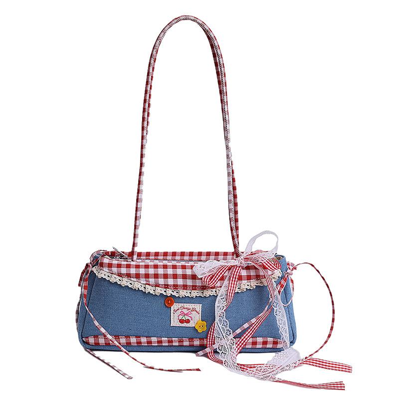 Korean Sweet Little Fresh Lace Handbag 2025 Retro Fashion Red and Blue Contrasting Color Plaid Handbag Bag