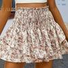 Summer Women Shorts Multi-layered Floral Print Shirring Ruffle Patchwork Elastic High Waist Wide Waistband Drawstring A-line Fake Skirt Lady Mini
