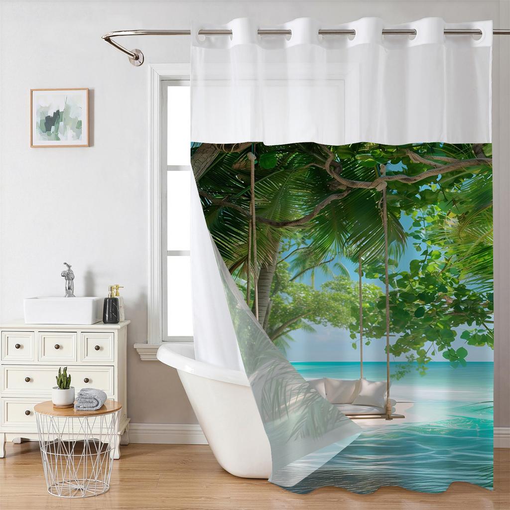 No Hook Beach Coconut Tree Shower Curtain With Snap-In Fabric Liner, Sheer Top Window, Waterproof Double Layer Bathtub Curtain