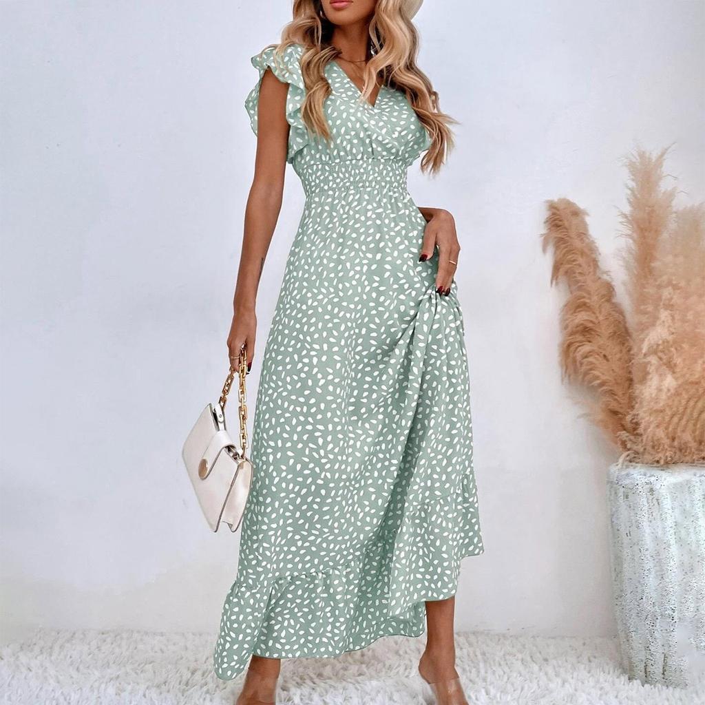 Women's Casual Fashion Sexy New V-Neck Ruffle High Waist Slim Fit Long Maxi Dress With Short Sleeves