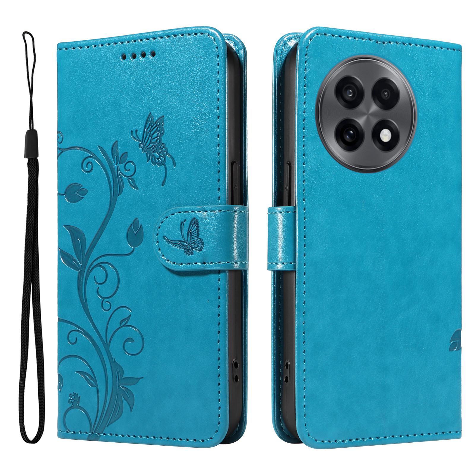

For OnePlus 13R 5G/Ace 5 5G/5 Pro 5G PU Leather Cases Flower Pattern Wallet Stand Phone Cover with Strap Blue