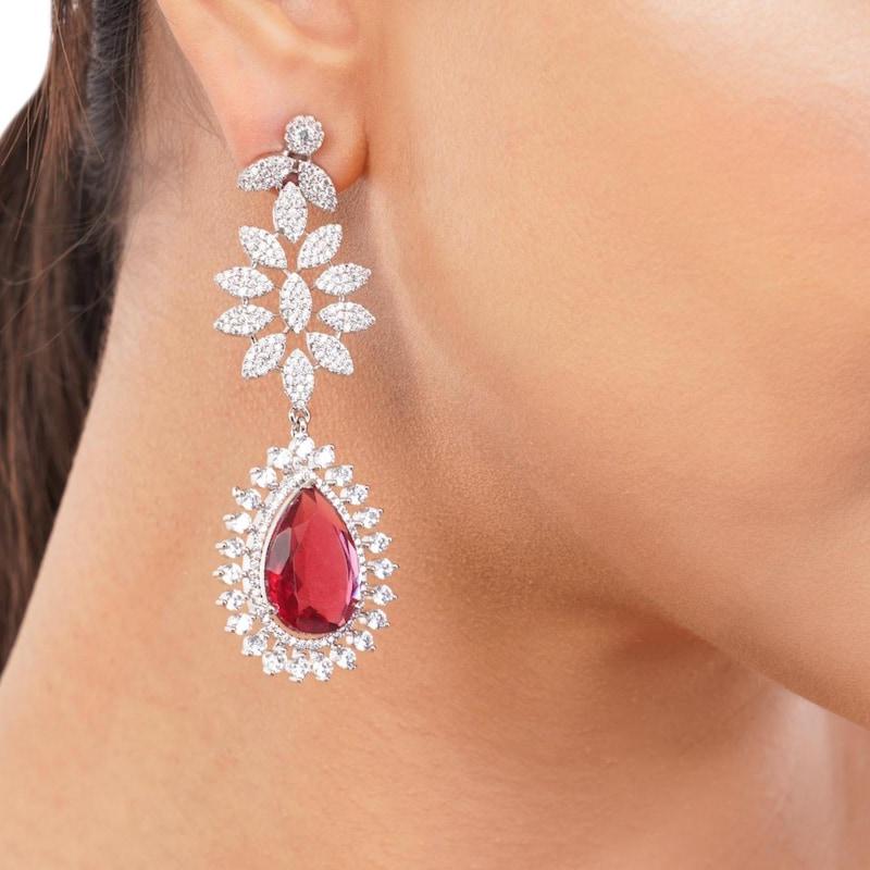 Dangle American Diamond Red Stone Earrings: Copper Alloy Flower Drop