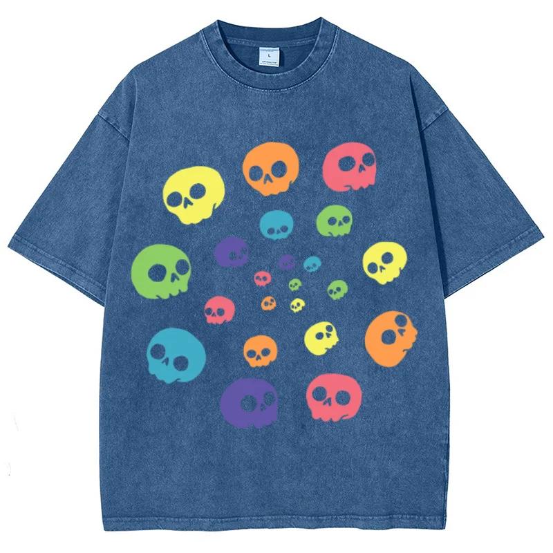 Cute Funny Style Colorful Skull Print Women's T-Shirt Round Neck Loose Oversized Short Sleeve Fashion Design Vintage Top Tee