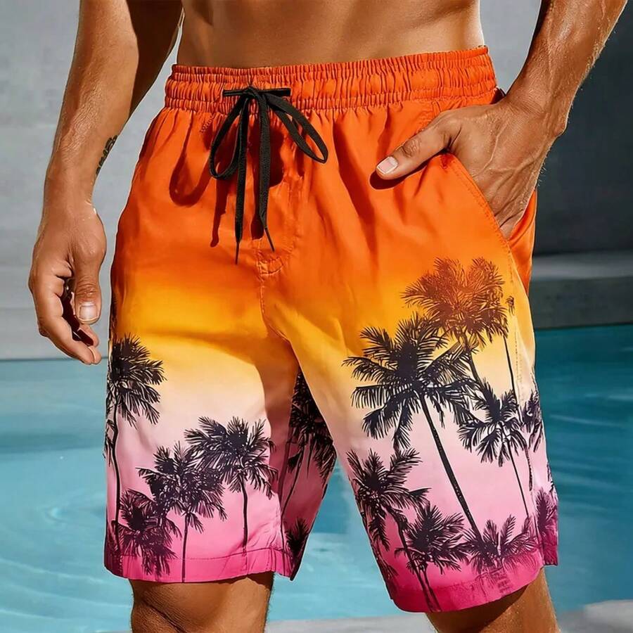 Men's Board Shorts Gradient Multicolored Palm Tree 3D Print Casual Beach Shorts Summer Casaul Vacation Lightweight Sport Shorts