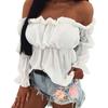 Women Sexy Solid Color Long Sleeve Off Shoulder Ruffled Edges Short Blouse Top