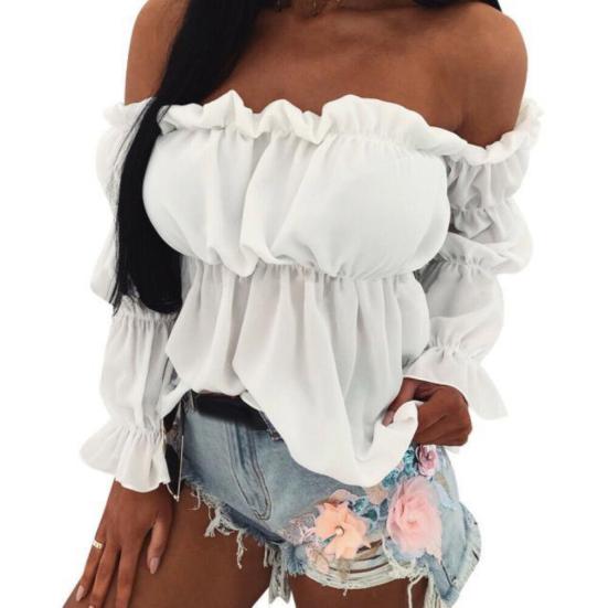 Women Sexy Solid Color Long Sleeve Off Shoulder Ruffled Edges Short Blouse Top