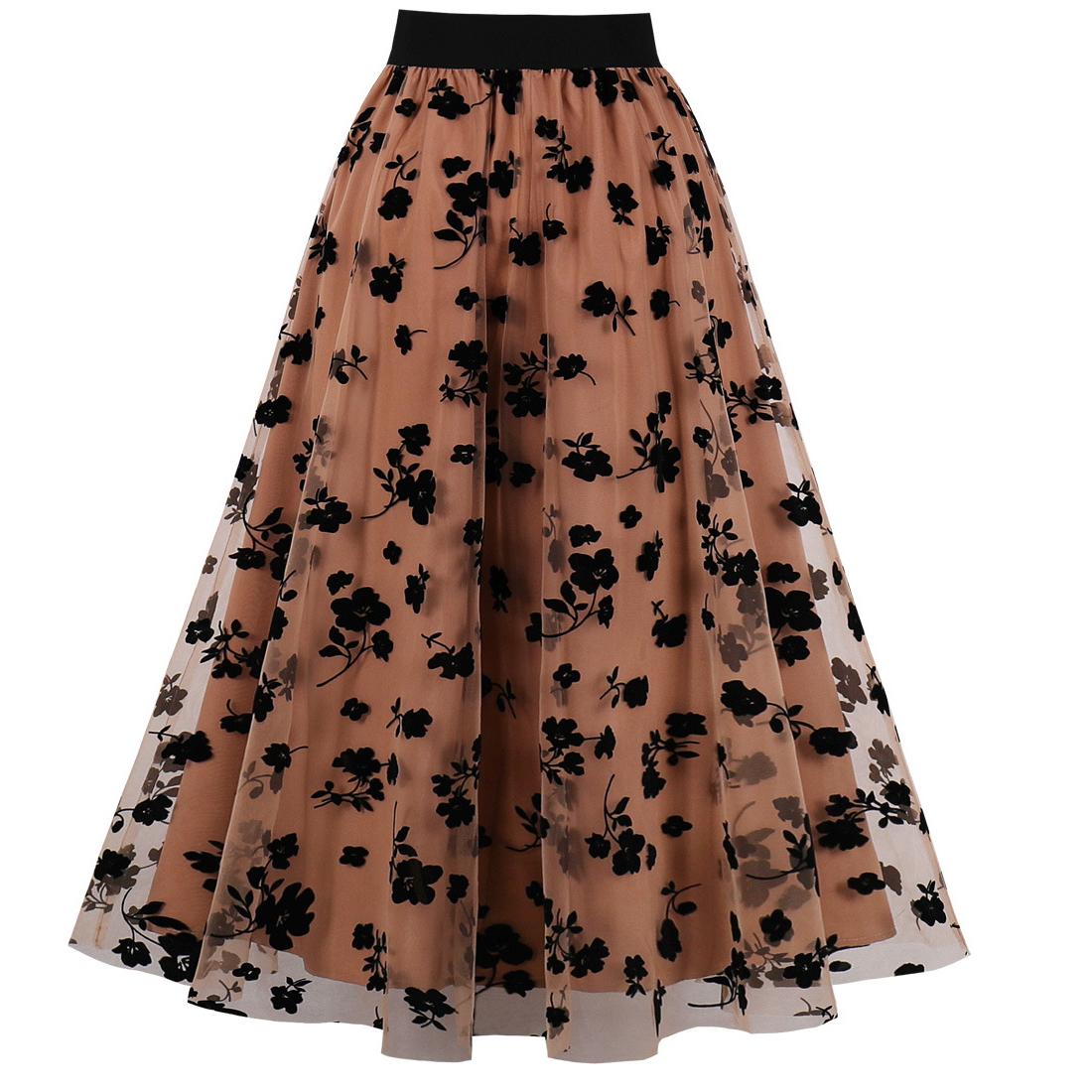 

Женские свободные юбки Марлевые цветочные трехмерные бабочки с завязками Wasit Двухслойные нижние платья Работа Офис Вечеринка Праздник Повседневная одежда XL чёрный/хаки