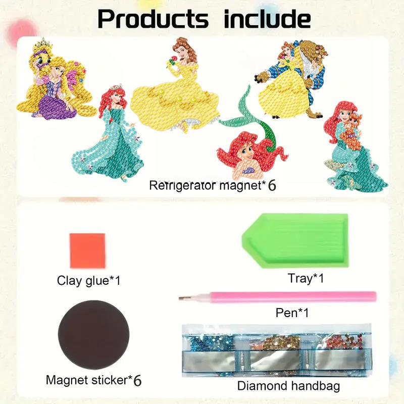 6Pcs DIY Diamond Painting Refrigerator Magnets, Disney Princess Theme, Cross-stitch Round Diamond Handicraft Home Decoration Gift