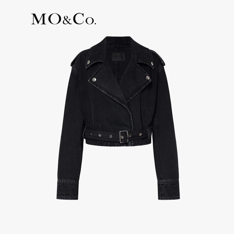 MO&Co. Women's Biker Lapel Short Denim Jacket with Belt