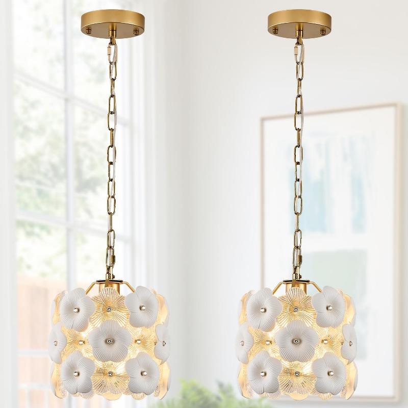 Gold Glass Pendant Light with White Ceramic Flowers