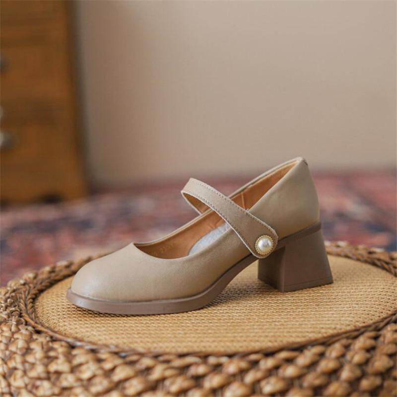 Genuine Leather Women High Heel Shoes Mary Jane  Chunky Heeled Shoes Women Spring Luxury Party Wedding Ladies Shoes