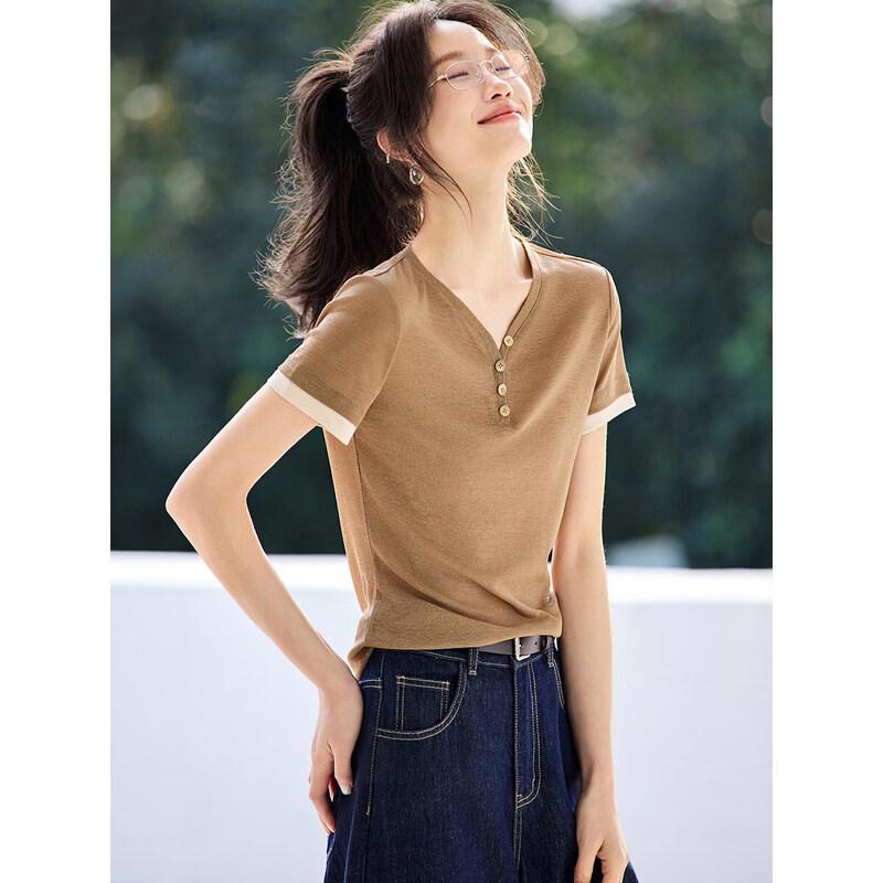 Women s V-Neck Faux Layered Short Sleeve T-Shirt L