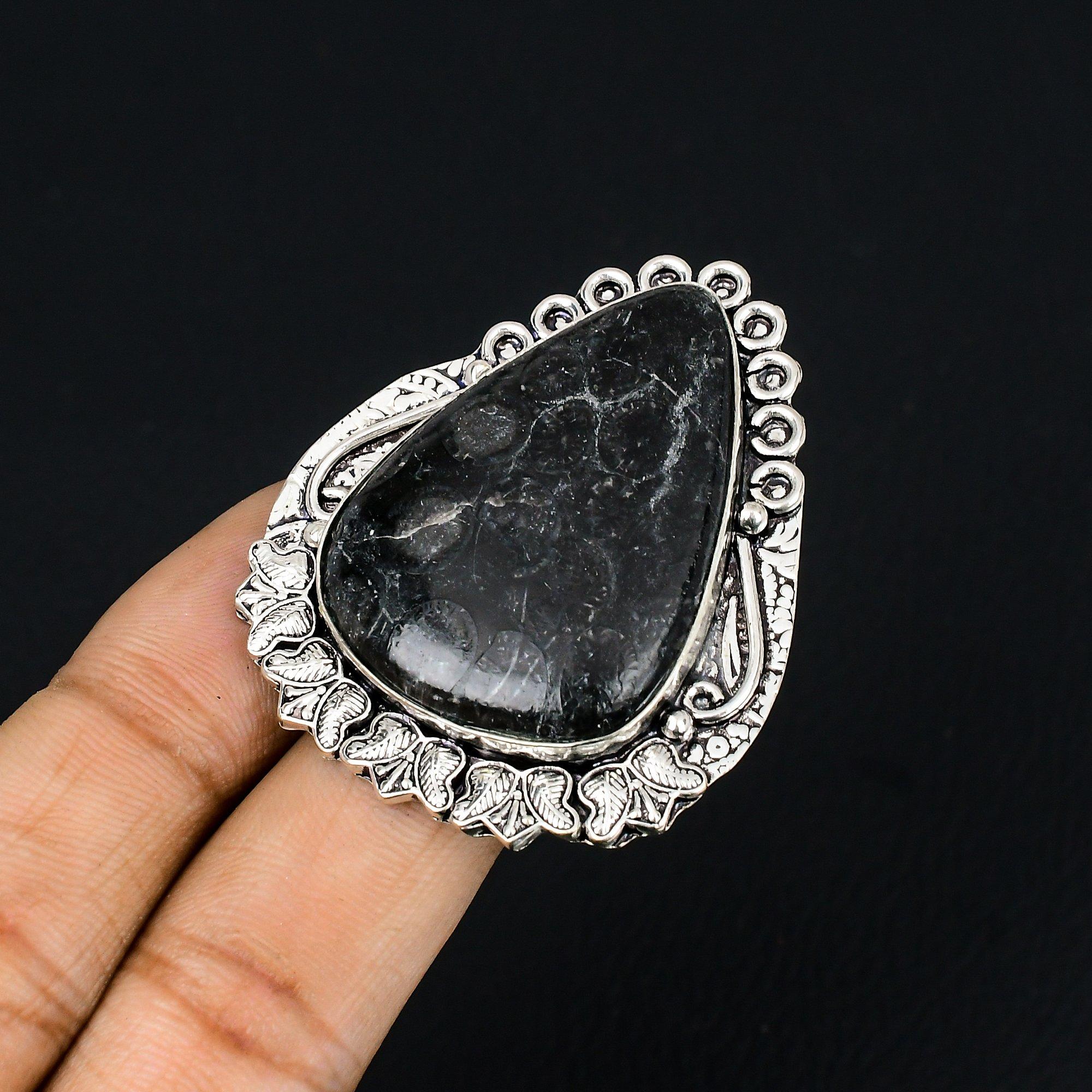 Natural Black Fossil Coral Promise Root Chakra Ring Jewelry 925 Sterling Silver 9