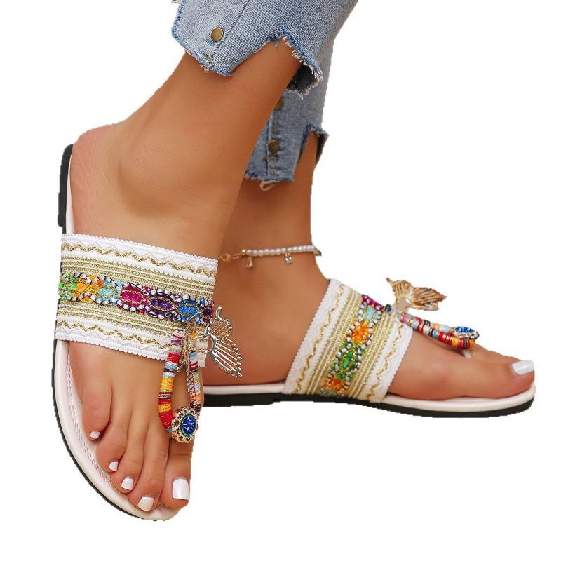 Summer new slippers women's rhinestone large size toe flat bottom sandals women