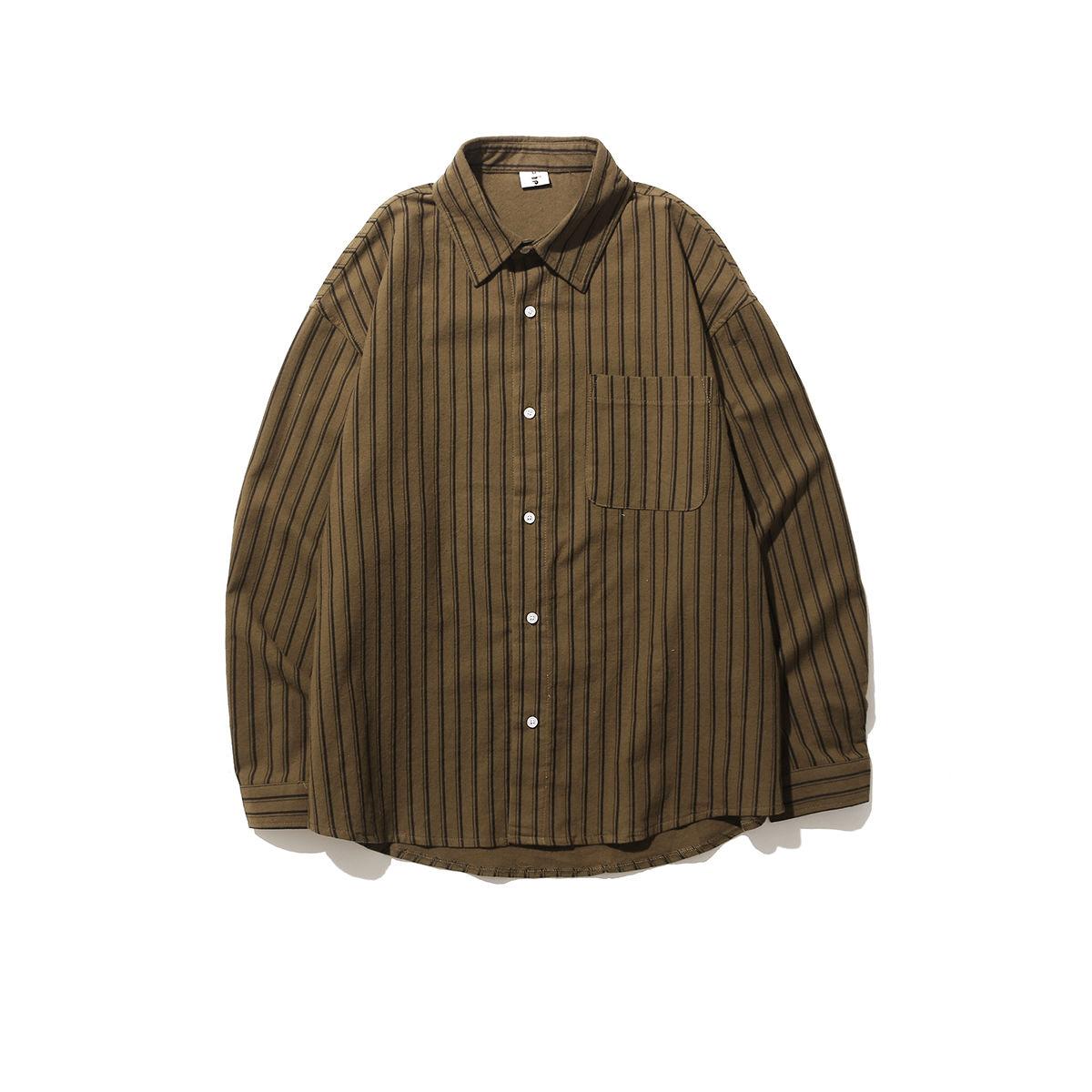 

Весенние и осенние ретро коричневые полосатые рубашки для мужчин и женщин свободные длинные рукава карманы пуговицы лацканы студенческие свободные повседневные рубашки пальто L коричневый