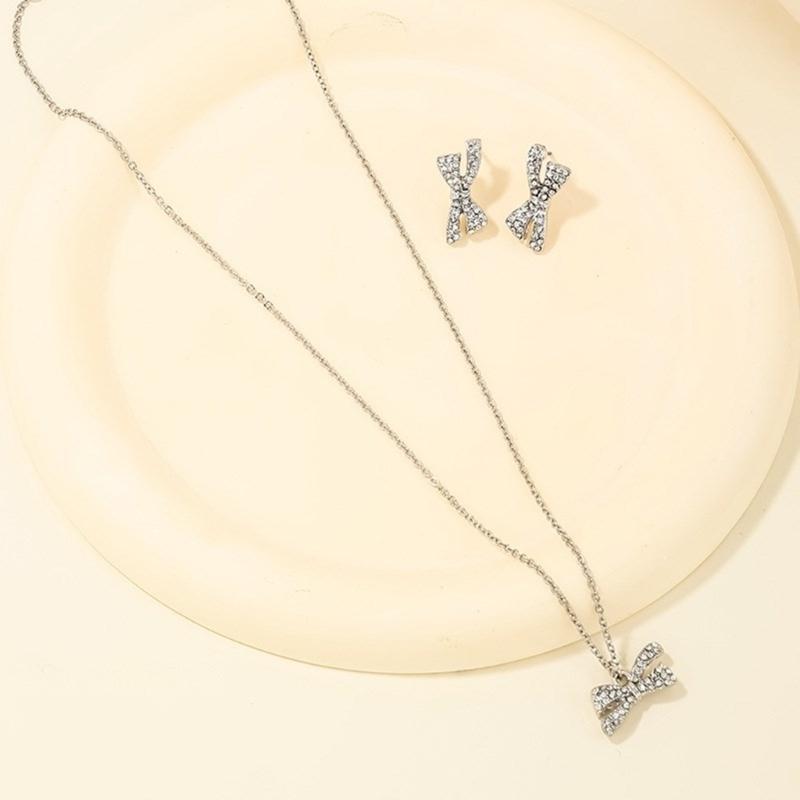 Delicate Bowknot Pendant Necklace and Earrings Combo Graceful Women's Neckchain and Ear Studs Jewelry Set Collection