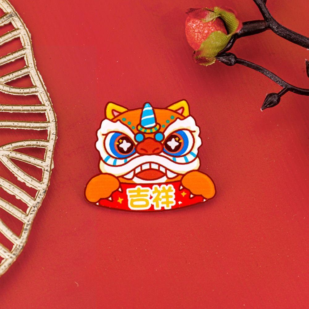 Dancing Lion Acrylic Spring Festival Pin Lucky Chinese Style Pin Cartoon New Year Badge Party