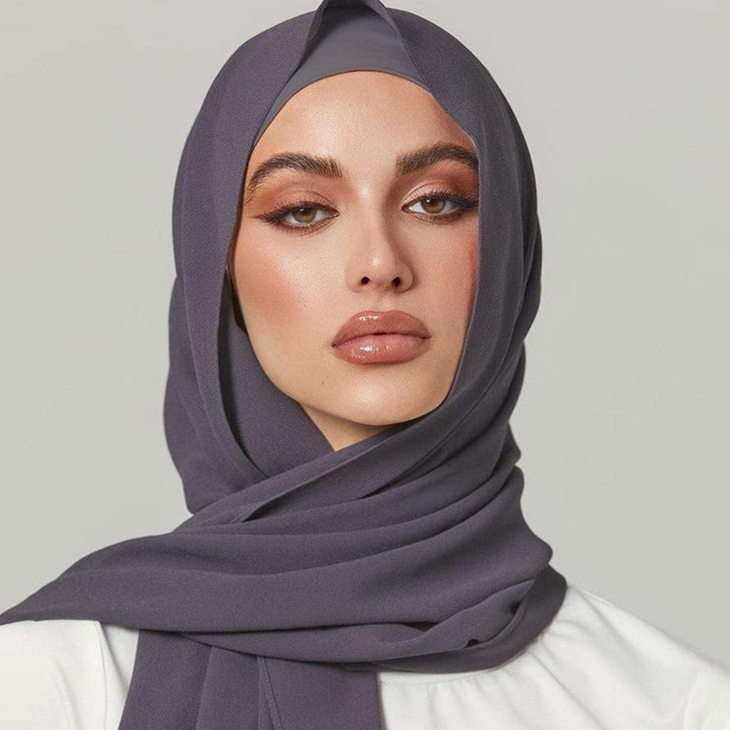 Solid Chiffon Hijab With Matching Undercap Set Women Plain Shawl Jersey Inner Modal Caps Muslim Headband Two-Piece Scarf Set