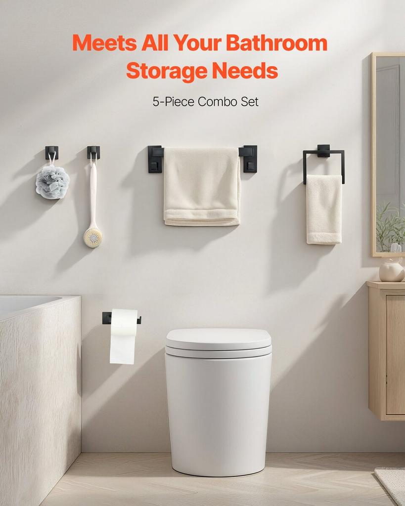Matte Black Bathroom Hardware Set, 5 Pieces Bathroom Accessories Set, Stainless Steel 16 Inch Towel Bar, Towel Rack, 2 Robe Towel Hooks, Toilet Paper