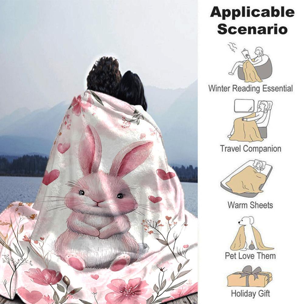 1pc Rabbit Flowers Blanket Lightweight Flannel Throw for Sofa Bed Travel Camping Livingroom Office Couch Chair