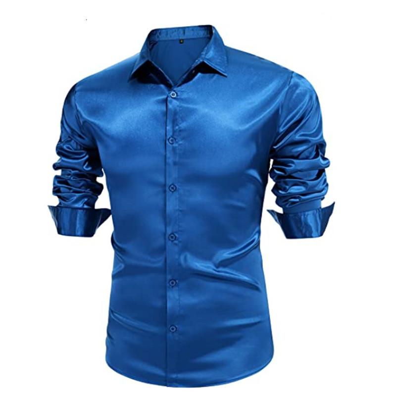Fashion British Men's Glossy Solid Color Breathable Business Casual Long-sleeved Shirt Men's Lapel Long-sleeved  Glossy Top