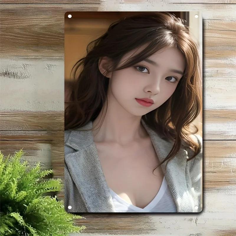 Hisun Tin Sign HD Metal Tin Sign Elegant Asian Beauty in Grey Blazer Cozy Indoor Portrait Wall Art Decor