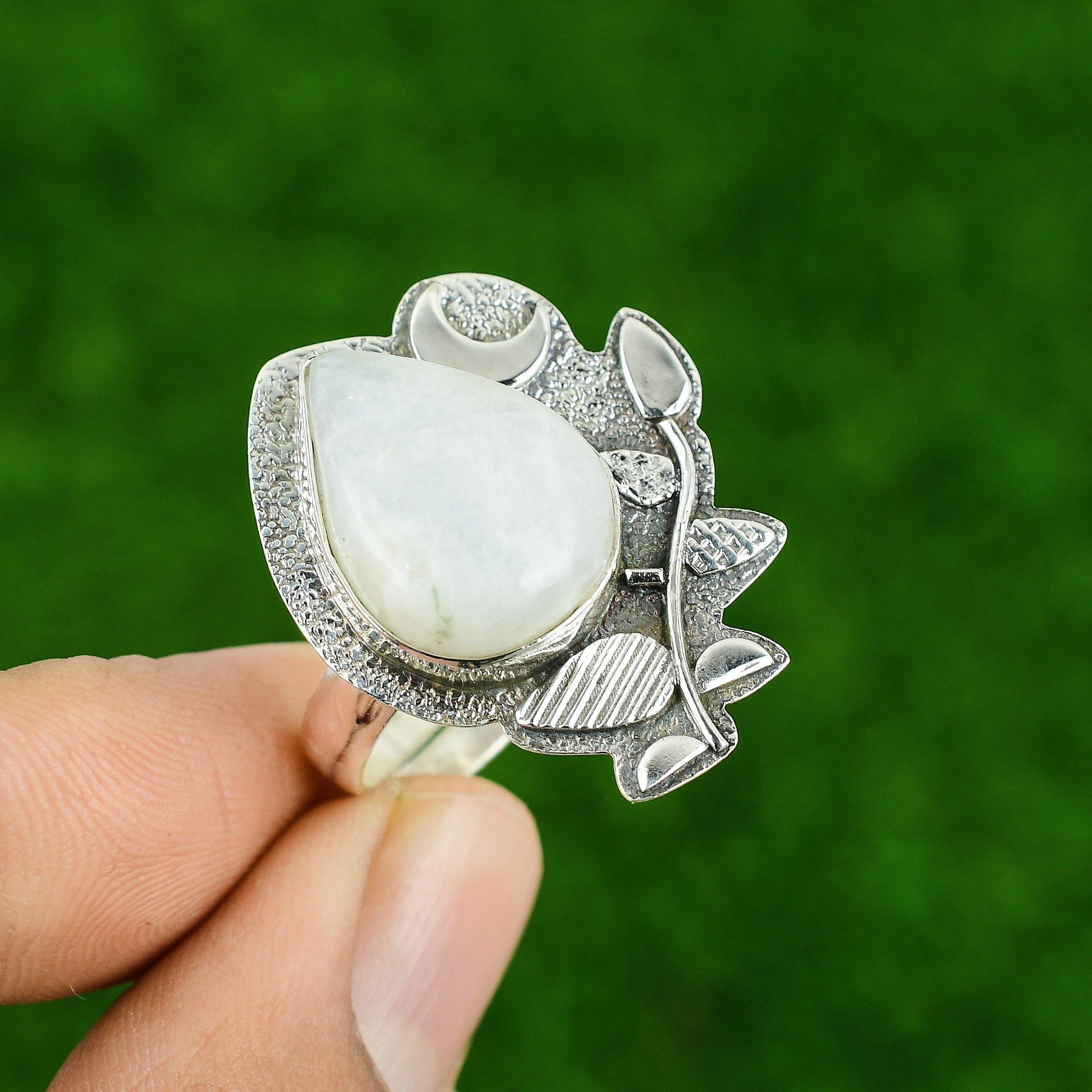 

925 Silver Pear Rainbow Moonstone Stone Wedding New Statement Bezel Ring Jewelry Adjustable