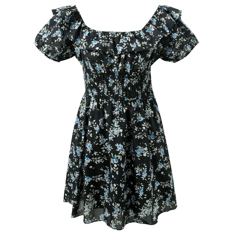 Sancai 100% Cotton Floral French Square Neck Short Dress L