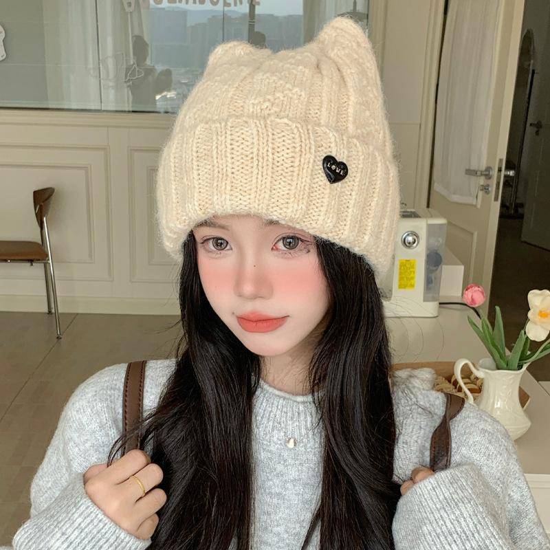Japanese Cat Ears Sweet and Cute Baotou Hat Autumn and Winter Hat Women's Big Head Circumference Shows Face Small Versatile Knitted Woolen Hat