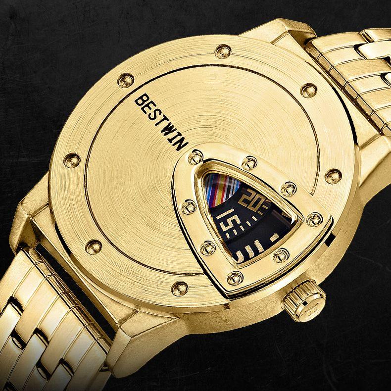 BestWin Men Watches Sports Creative Design Dial Stainless Steel Band Waterproof High Quality Quartz Male Watch Reloj Hombre Gold