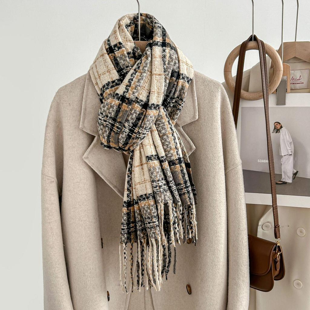Women's Winter Plaid Imitation Cashmere Tassel Scarf, Thickened Korean Style Neck Warmer