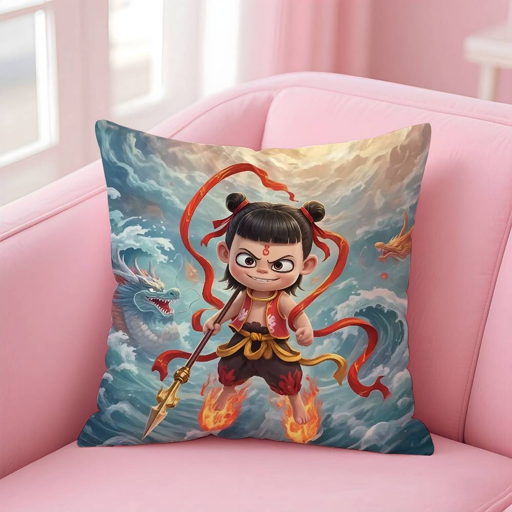 Chinese Anim Nezha Pillow Case Printed Pillowcase for Living Room Sofa Cushion Cover & Bedroom Decor