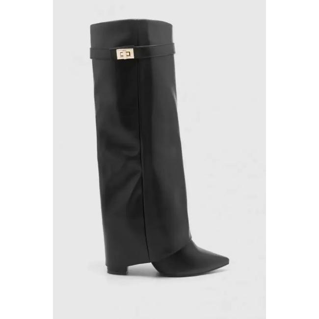 Black Pointed Toe Chunky Heel Fold