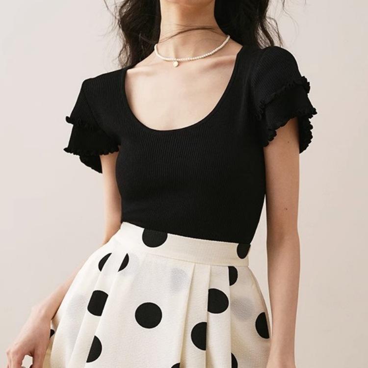 Fashion Summer Gentle Wind Round Neck Pullover Top Design Sense Double Layer Short Sleeve Knit Sweater Women Casual Essential Slim Fit Pullovers Tees