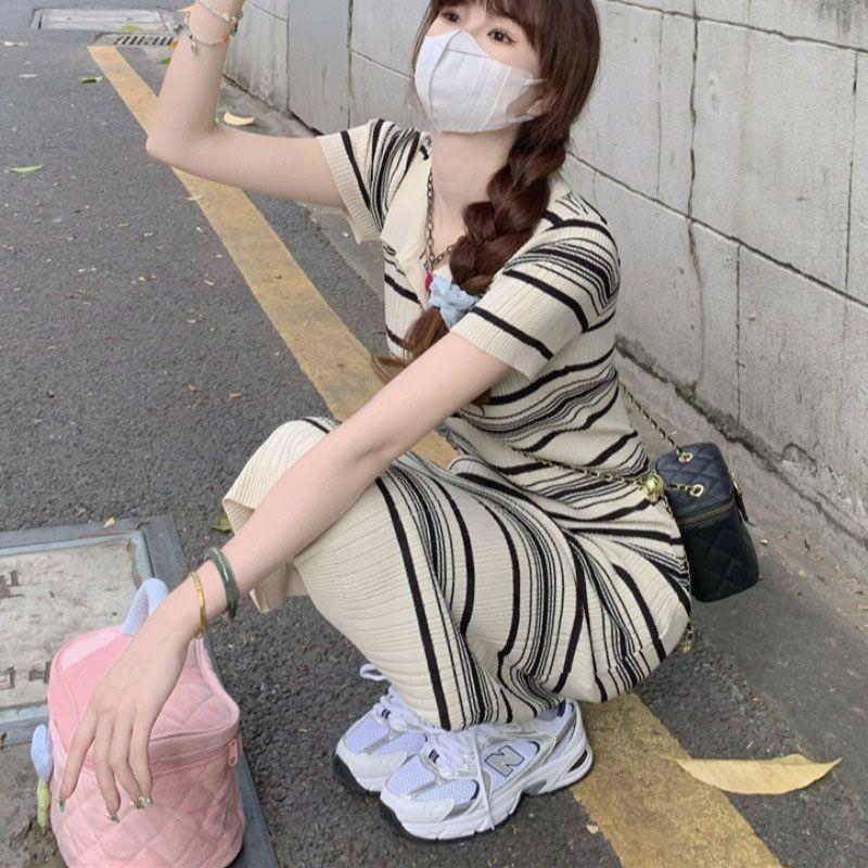 Women's Striped Polo Collar V-Neck Mid-Length Slim Fit Dress – Summer 2026 Collection