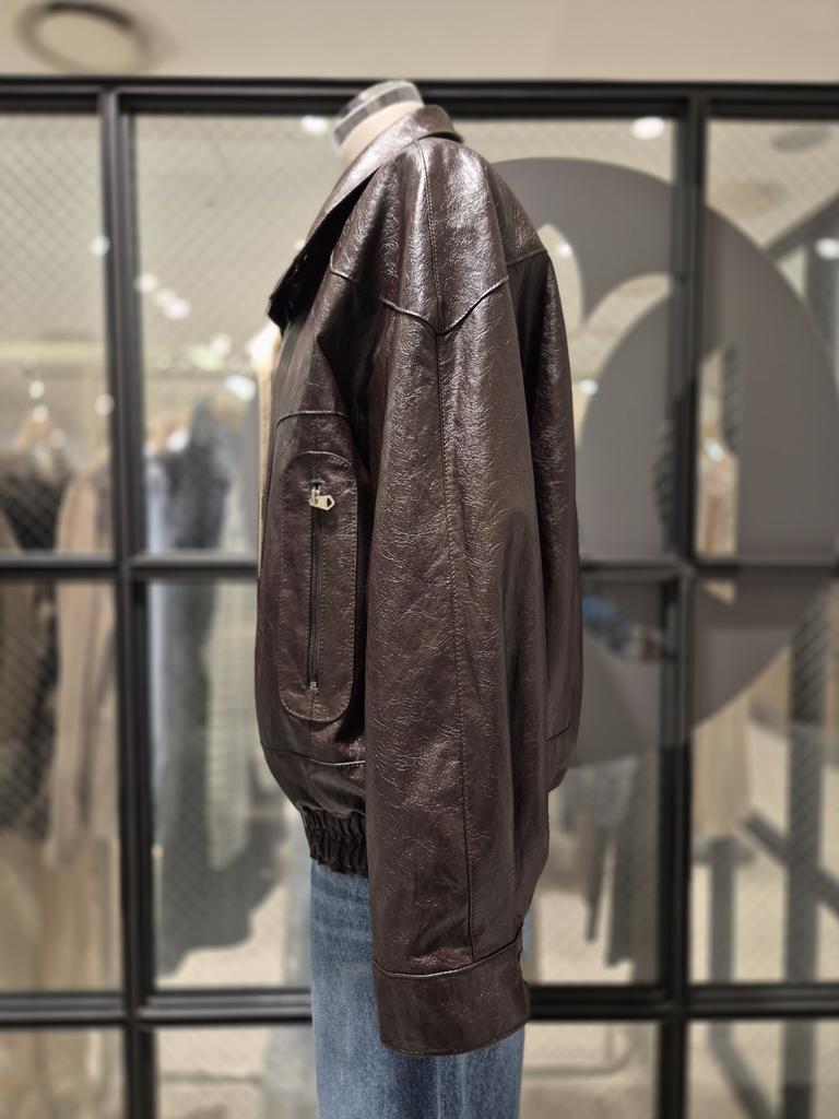 Color-Block High Neck Leather Jacket D254PSG261