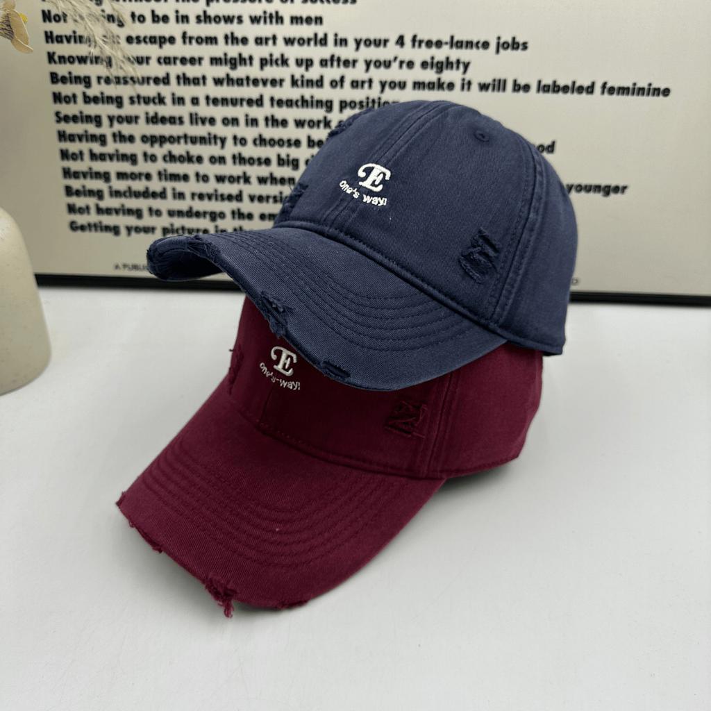 Old ripped burgundy baseball cap retro letter embroidery soft top cap trendy brand street versatile shade
