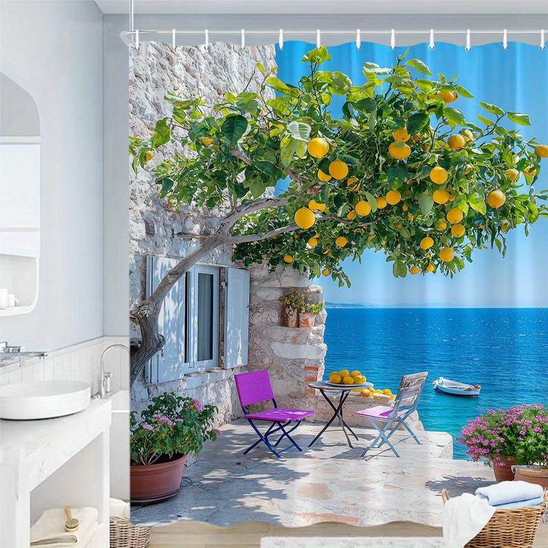 Mediterranean Lemon Tree Shower Curtain Ocean View Waterproof Bathroom Decor Coastal Style Home Textile Artistic Nature Design