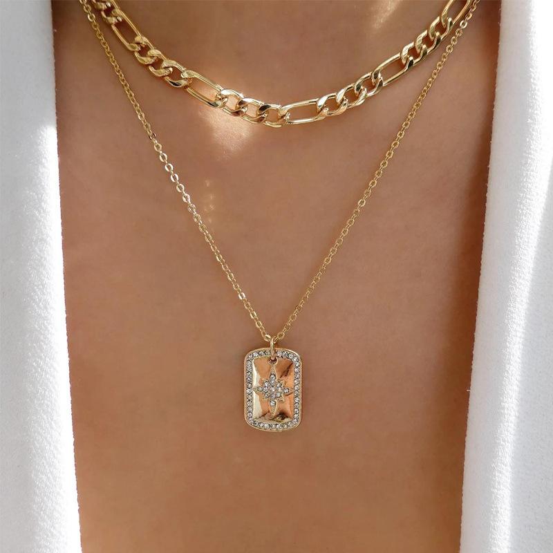 Jewelry with diamonds, thick chain, multi-layer necklace, exaggerated alloy pendant, collarbone chain, female.