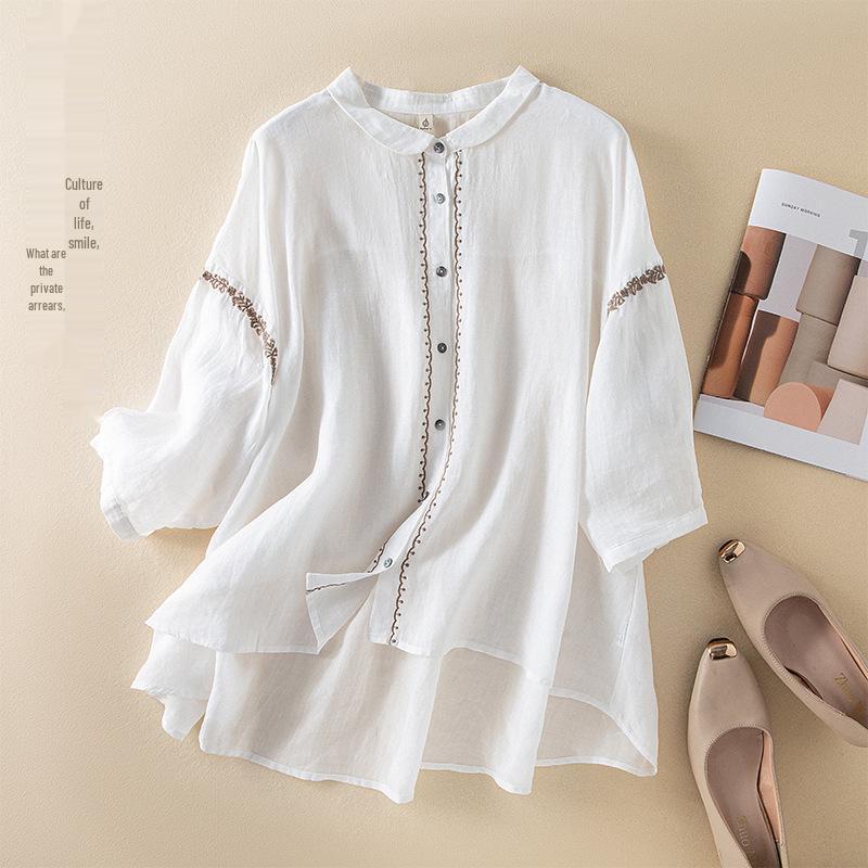 

Women s Plus Size Embroidered White Linen Cardigan Shirt - 2026 Summer Collection XL (120-160 jin) білий