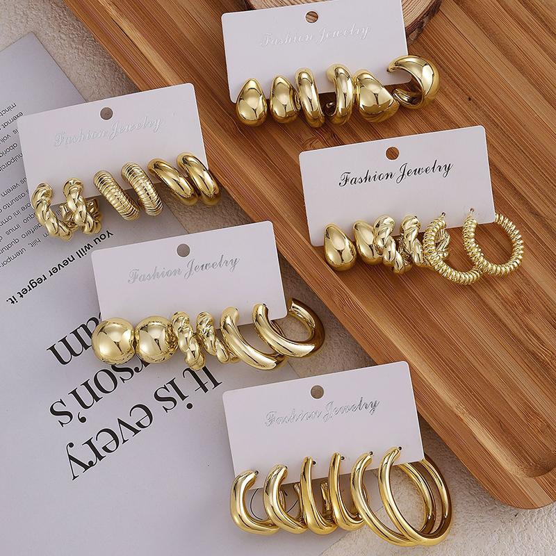 6Pcs Vintage Smooth Water Drop C-Earrings Set for Women Geometric Gold Color Circle Hoop Earring Zircon Ear Studs Jewelry Gifts