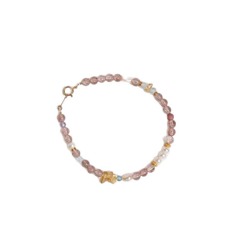 Women's Strawberry Crystal & Aquamarine Freshwater Pearl Bracelet - Handmade Pink Peach Blossom Design for Best Friends