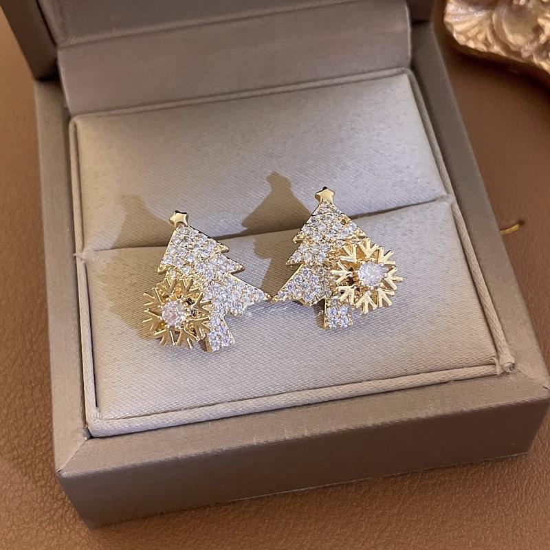 Rotatable Christmas Tree Zircon Stud Earrings, Sterling Silver, Light Luxury Design for Women