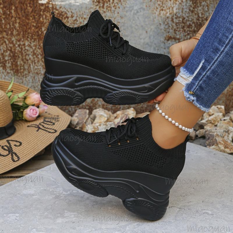 Black Knitted Wedges Heel Sneakers Women Spring Autumn Breathable Chunky Platform Sneakers Woman Slip on Mesh Sports Shoes 35-42